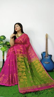 Dark Pink Pure Handloom Silk Cotton Saree From Bengal