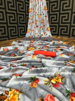 Grey Printed Flower Design Heavy Satin Silk Saree