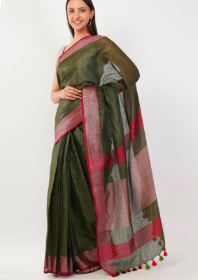 Mehandi Green Pure Handloom Tissue Linen Saree From Bihar