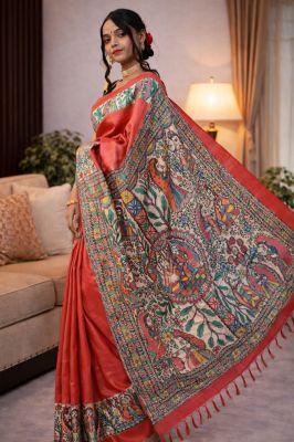 Red Authentic Bhagalpur Handwoven Tussar Silk Madhubani Art Saree Premium Silk Mark Certified Saree