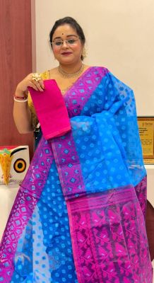 Royal Blue Pink Pure Handloom Dhakai Jamdani Saree From Bengal