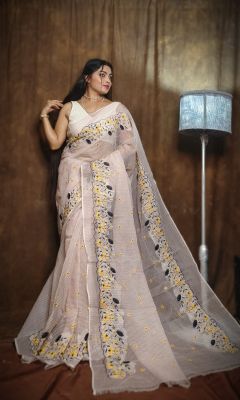 Beige Pure Handloom Resham Dhakai Jamdani Saree From Bengal