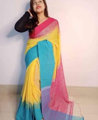 Multi Colour Pure Handloom Cotton Saree From Bengal