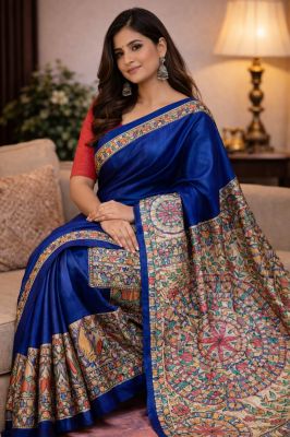 Handloom Bhagalpuri Tussar Silk Madhubani Saree Organic Silk Saree with Silk Mark