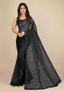 Black Flower Design Embroidery Work Net Saree