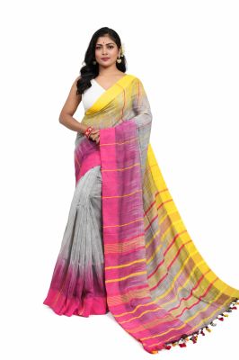 Gray Pink Yellow Ikkat Cotton Saree From Bengal
