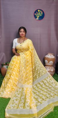 Yellow Pure Handloom Dhakai Jamdani Saree From Bengal
