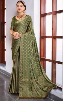 Olive Green Pure Handloom Silk Saree From Banaras