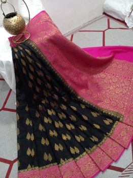 Black Pink Silk Leaf Design Banarasi Saree