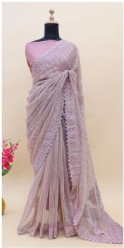 Light Pink Embroidery Diamond Work Satin Saree