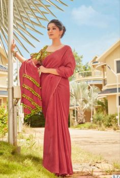Beige Plain Body Pompom Pallu Linen Saree