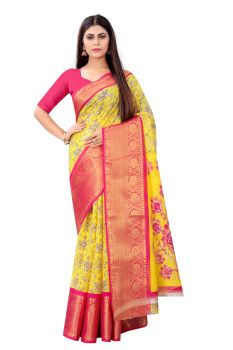 Mahastree Yellow Maheshwari Kalamkari Saree