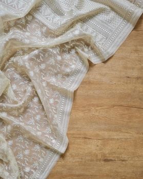 White Pure Organza Embroidery Work With Piping Saree