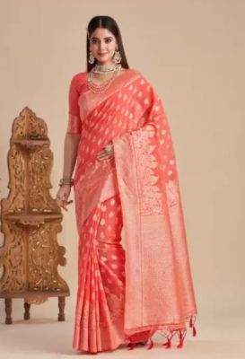 Coral Pink Pure Handloom Banarasi Silk Cotton Saree From Banaras