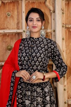 Racing Green Bagru Printed Designer Top & Skirt With Mulmul Dupatta Lehenga Choli