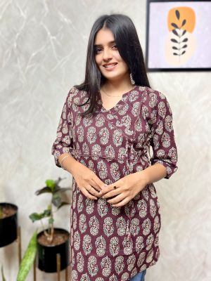 Dusty Purple Pure Handloom Printed Kurti From Bengal