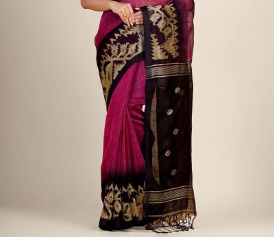 Raspberry Black Pure Handloom Linen By Linen Saree From Bengal