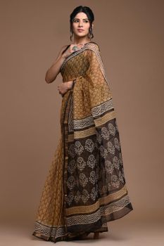 Brownish Kota Doriya Printed Leaf Design Saree