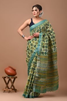 Olive Green Pure Handloom Linen Cotton Saree From Bihar