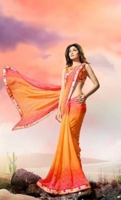 Orange Pure Handloom Georgette Saree From Banaras