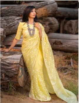 Yellow Pure Organza Embroidery Work With Piping Saree