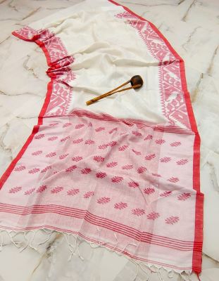 White Pure Handloom Linen By Linen Saree From Bengal
