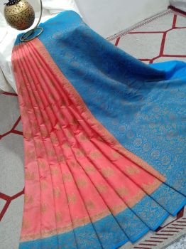Baby Pink Silk Leaf Design Banarasi Saree