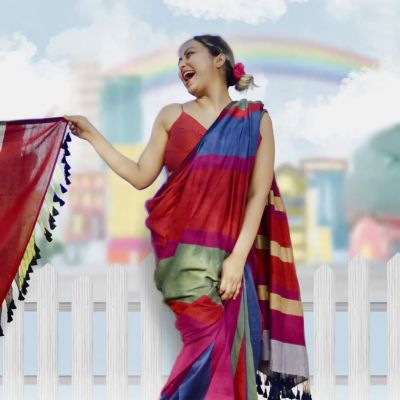 Multi Colour Pure Handloom Cotton Saree From Bengal