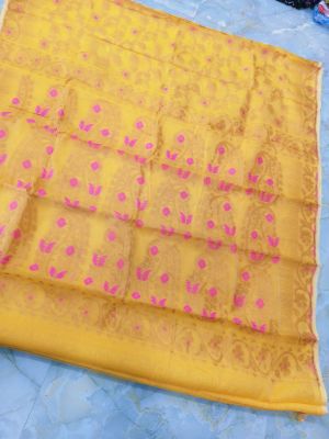 Yellow Pure Handloom Dhakai Jamdani Saree From Bengal
