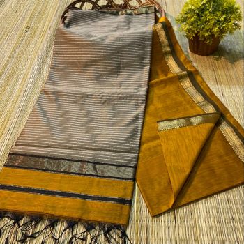 Mustard Grey Stripes Pure Handloom Silk Cotton Saree