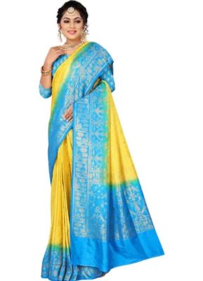 Golden Blue Pure Handloom Art Silk Saree From Banaras