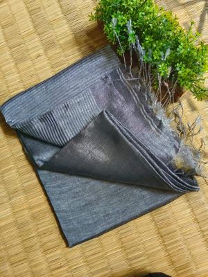 Grey Pure Handloom Linen Tissue Saree From Bengal