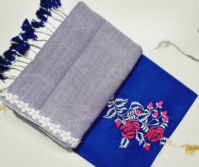 Gray Blue Pure Handloom Cotton Saree From Bengal