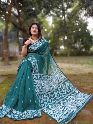 Aqua Green Dhakai Jamdani Pure Handloom Cotton Saree From Bengal
