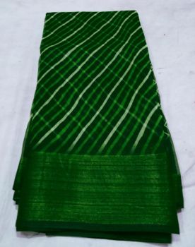 Bottle Green Line Cotton Doriya Rajasthani Saree