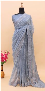 Sea Blue Embroidery Diamond Work Satin Saree