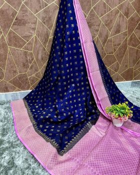 Navy Blue Silk Zari Butta Design Banarasi Saree