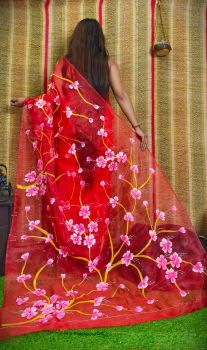 Red Hand Printed Pure Handloom Organza Saree