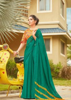 Teal Green Plain Body Pompom Pallu Linen Saree