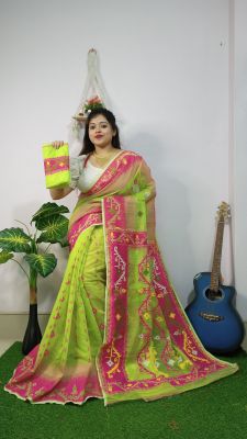 Parrot Green Pure Handloom Dhakai Jamdani Saree From Bengal