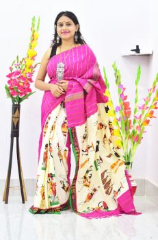 Magenta Pure Handloom Khesh Cotton Saree From Bengal