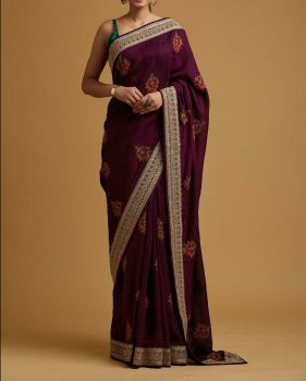 Magenta Flower Thread Work Sequence Silk Saree