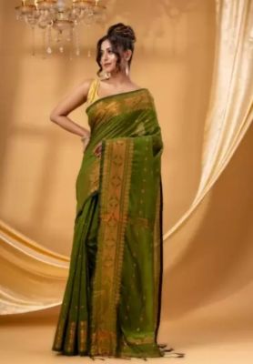 Mehandi Green Pure Handloom Silk Cotton Saree From Banaras