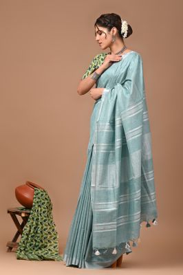 Light Sky Blue Pure Handloom Linen By Linen Saree From Bengal