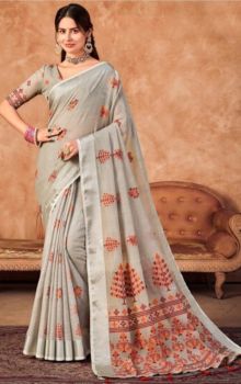 Gray Pure Handloom Linen Banarasi Saree