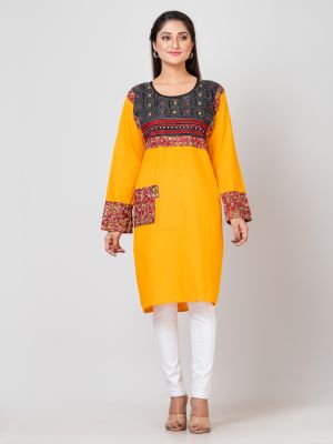 Yellow Pure Handloom Kantha Stitch Kurti From Bengal