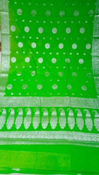 Parrot Green Georgette Saree With Silver Zari From Banaras