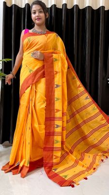 Yellow Pure Handloom Silk Cotton Saree From Bengal