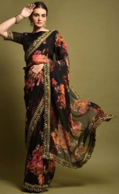 Black Pure Handloom Georgette Saree From Banaras