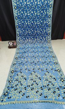 Blue Pure Handloom Maslin Dhakai Jamdani Cotton Saree From Bengal